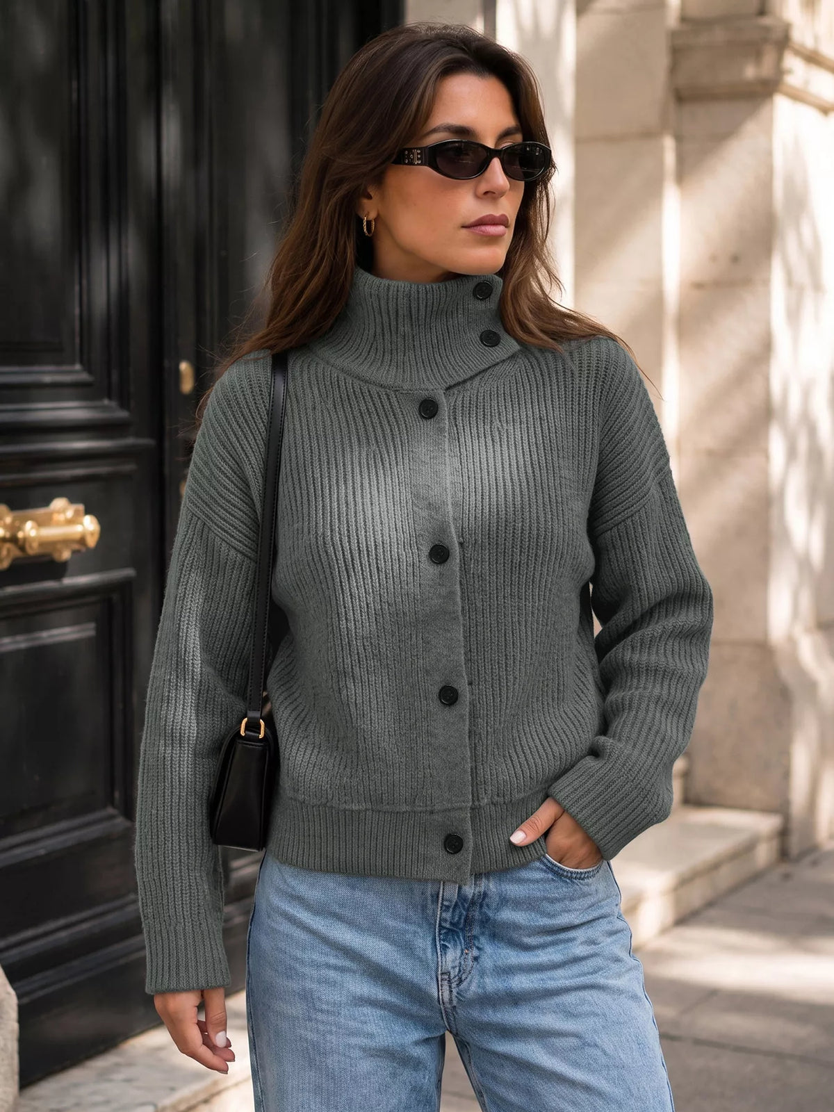 Turtleneck Button-Down Cardigan - Lilixa.store