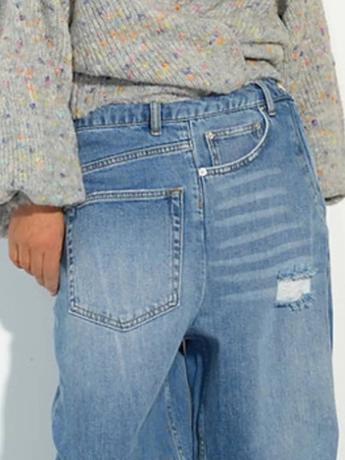 High-Waisted Distressed Wide-Leg Denim Jeans in Blue, view 3