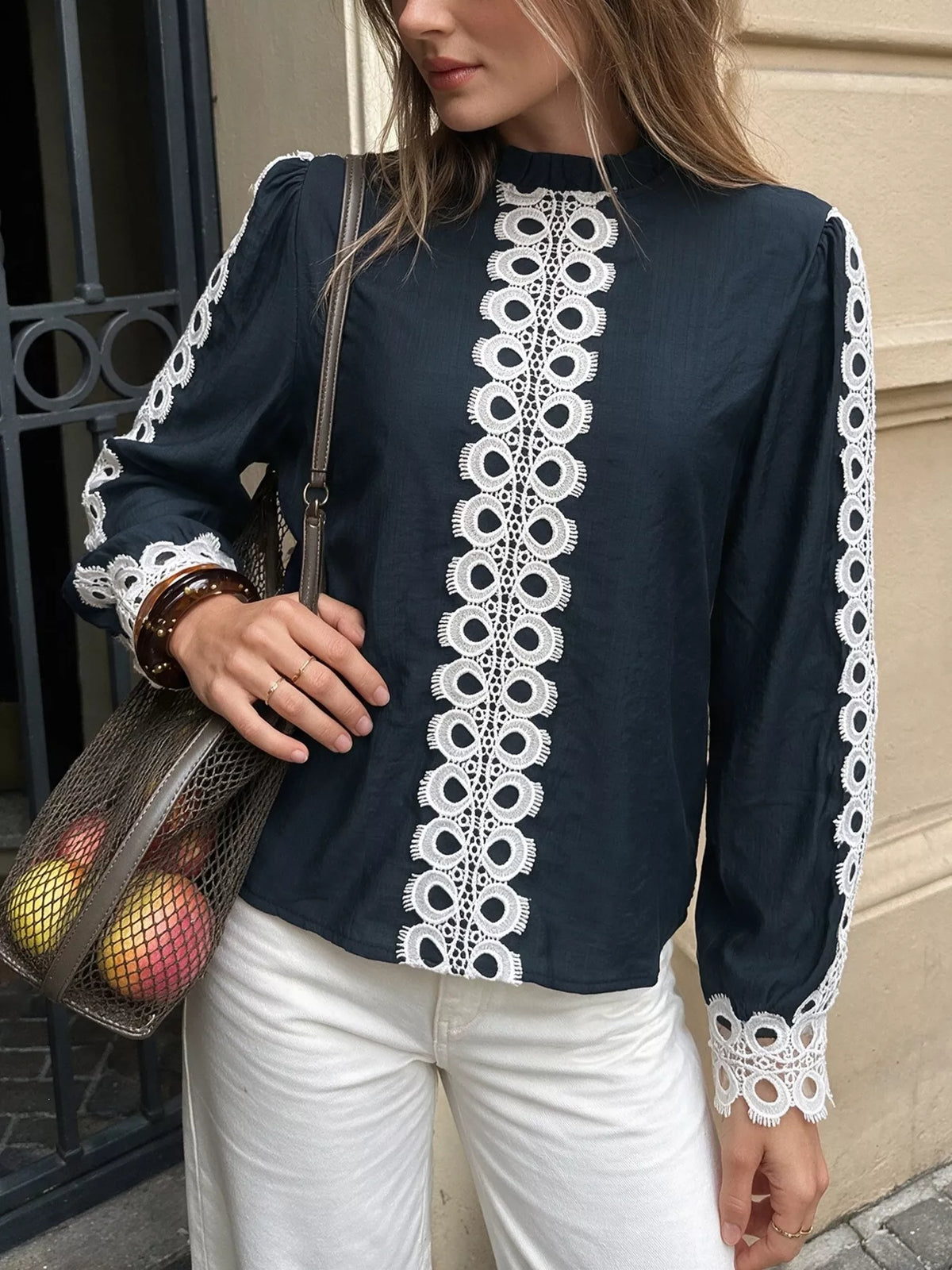 Lace Trim Long Sleeves Blouse - Lilixa.store