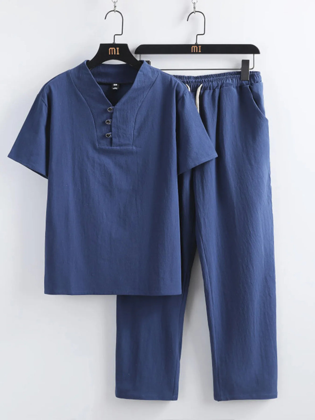 Men's Plus Size V-Neck Short Sleeve Top and Pants Set in Navy