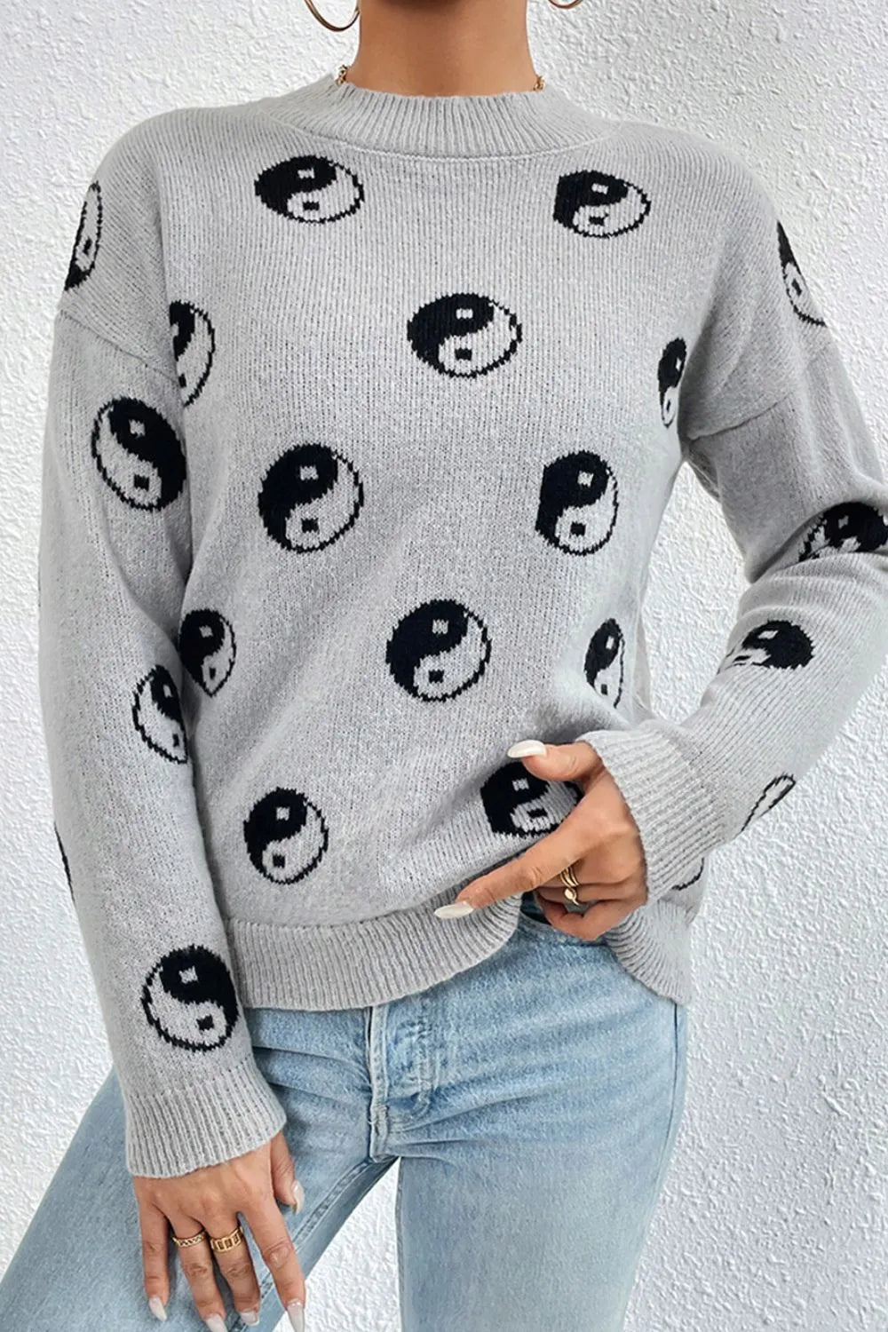 Graphic Mock Neck Dropped Shoulder Sweater - Lilixa.store