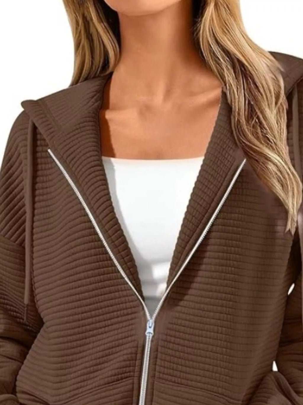 Drawstring Zip Up Dropped Shoulder Hoodie - Lilixa.store