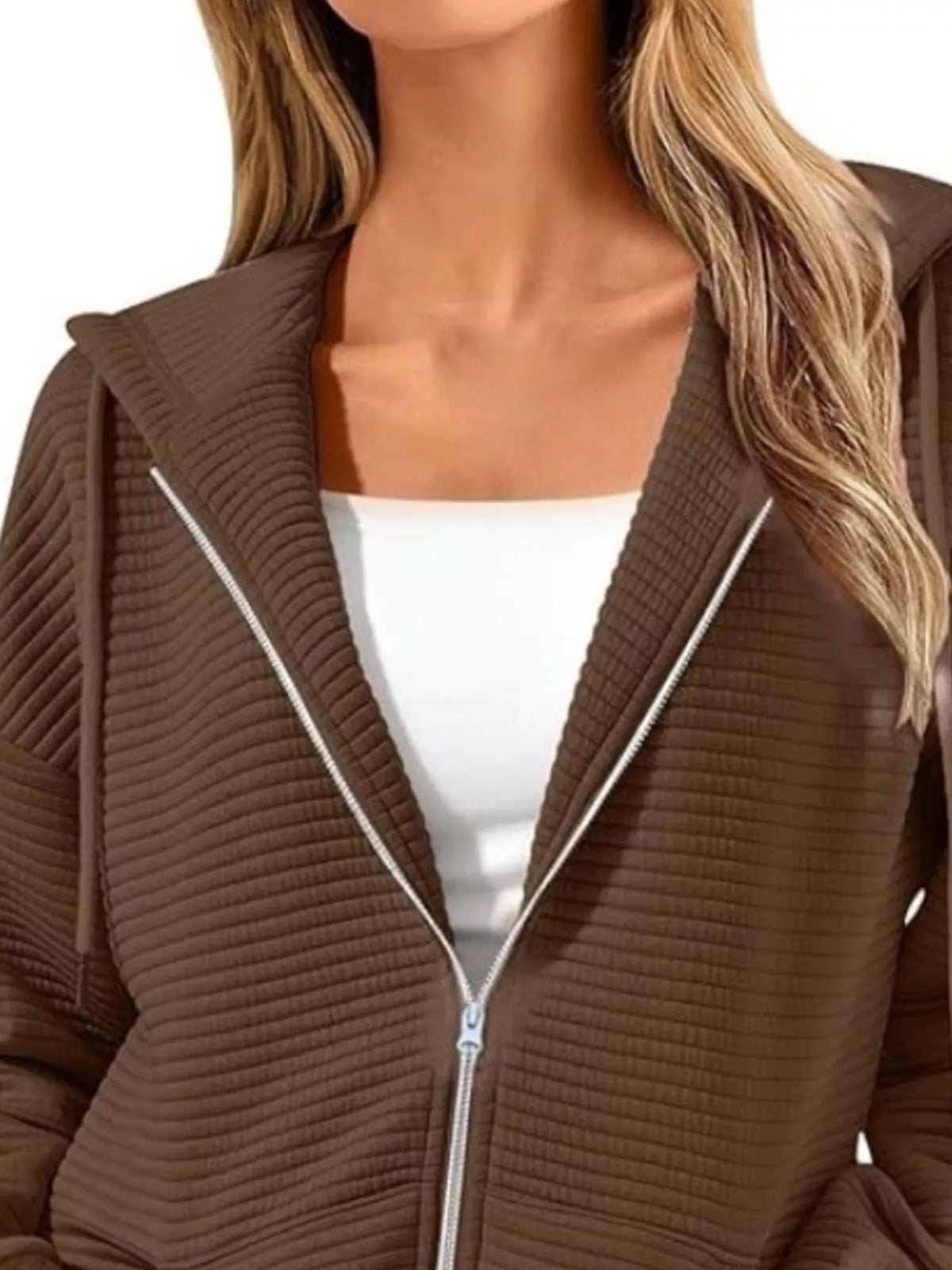 Drawstring Zip Up Dropped Shoulder Hoodie - Lilixa.store