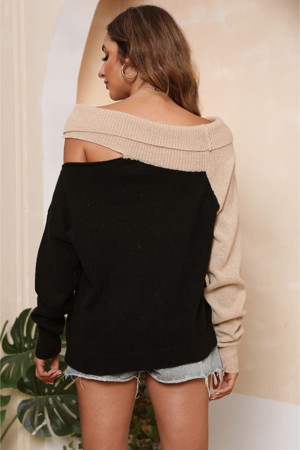 Asymmetrical Long Sleeve Two-Tone Cutout Sweater, view 5