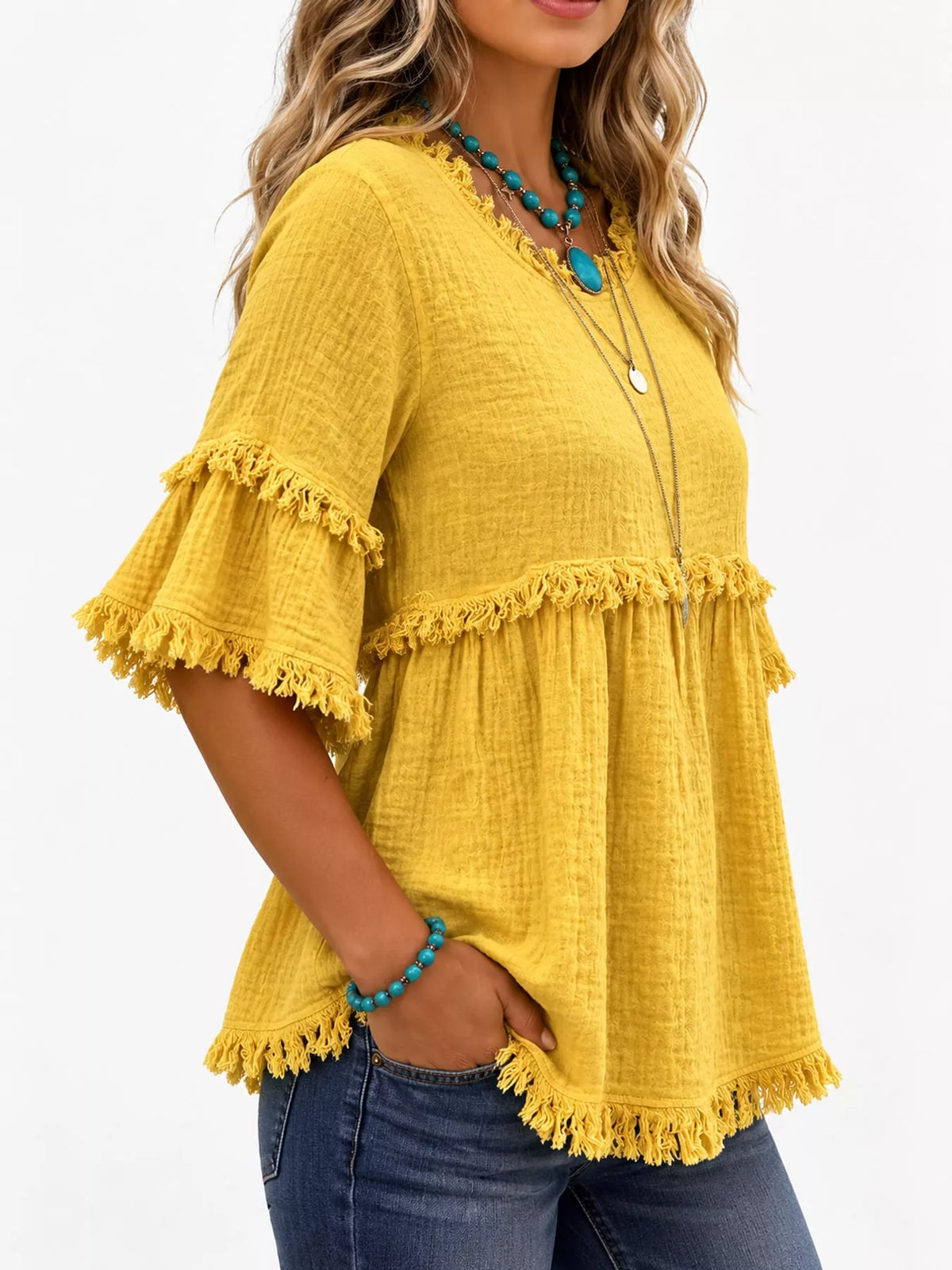Full Size Frayed Edge Textured Blouse Plus Size, view 30