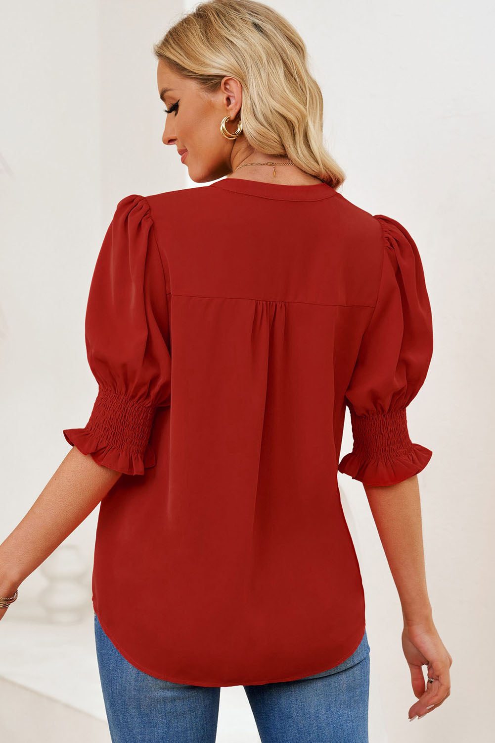 Smocked Flounce Sleeve Notched Neck Blouse, view 10