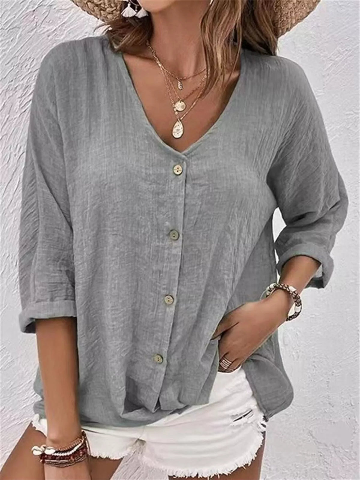 Full Size Casual V-Neck Button-Down Blouse Plus Size in Grey