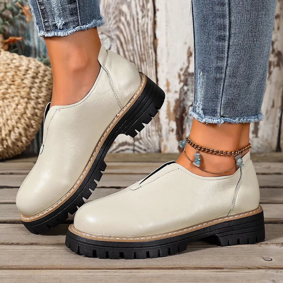 Round Toe Slip-On Loafers in White