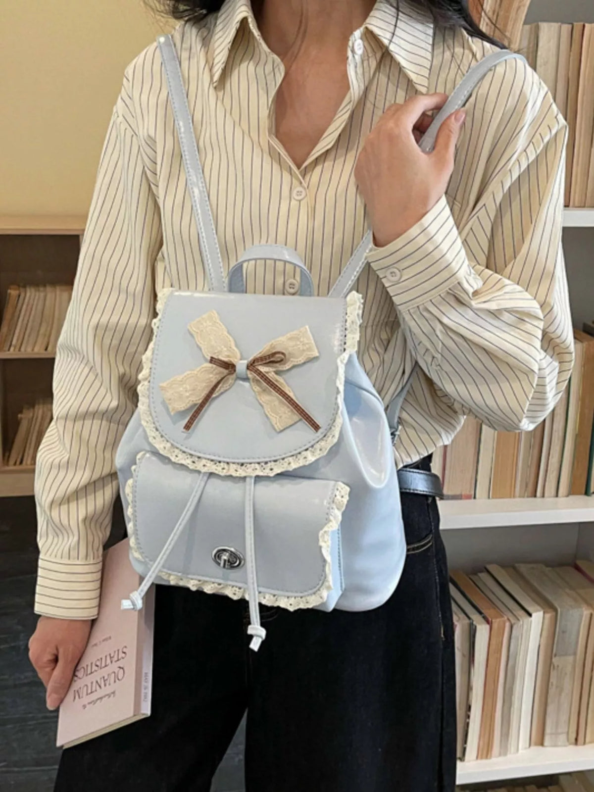 Lace Trim Bow Decor Backpack Bag - Lilixa.store