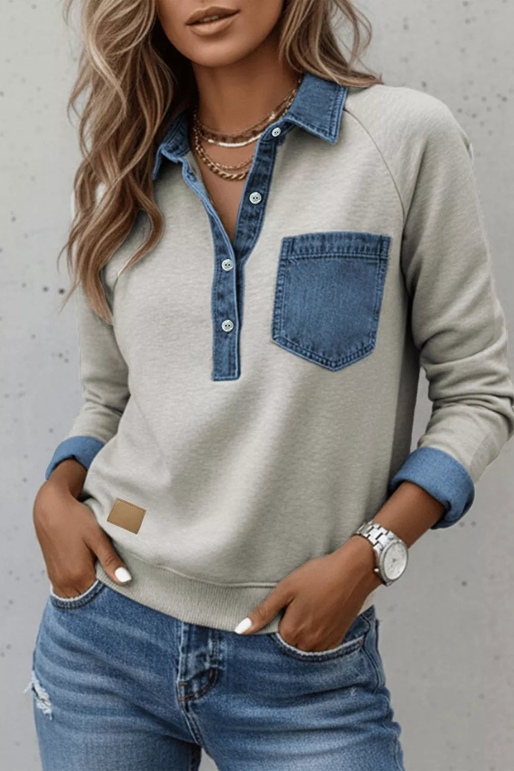 Denim-Trimmed Long Sleeve Top - Lilixa.store