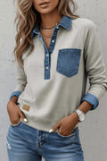 Denim-Trimmed Long Sleeve Top - Lilixa.store