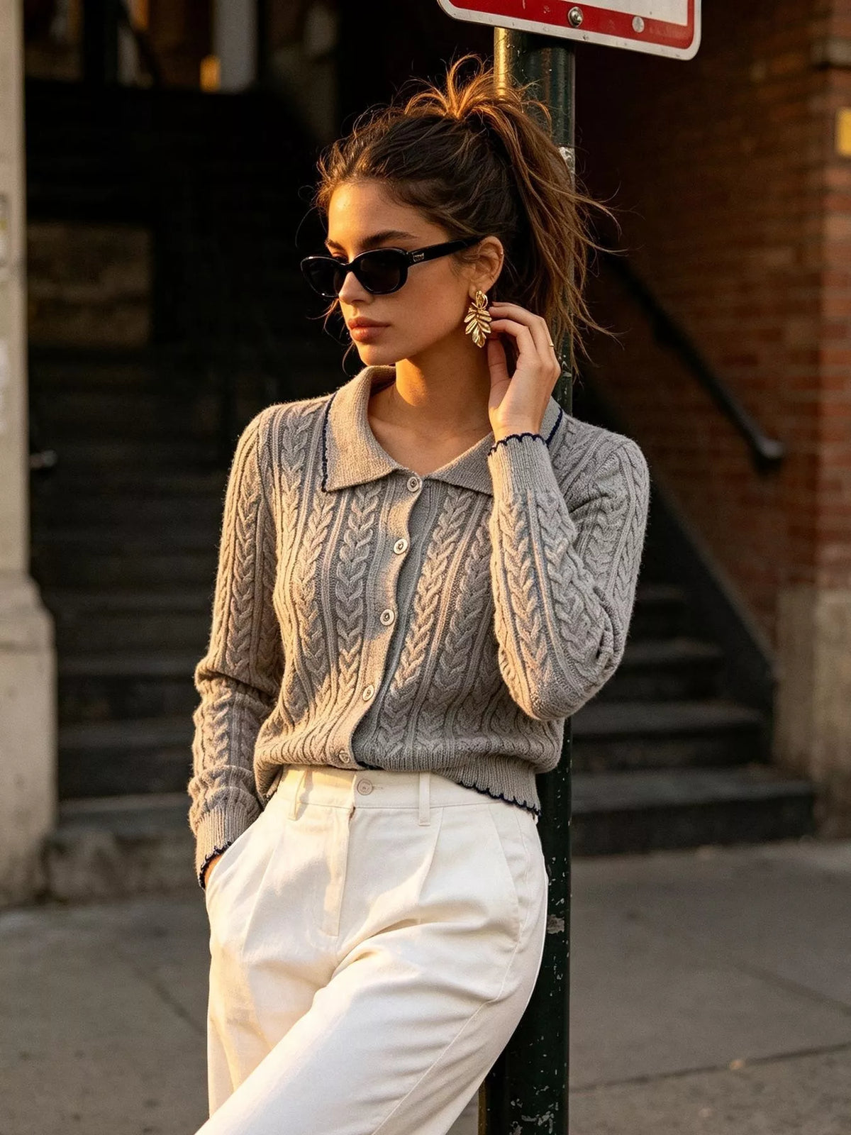 Cable Knit Polo Collar Button-Up Cardigan, view 2
