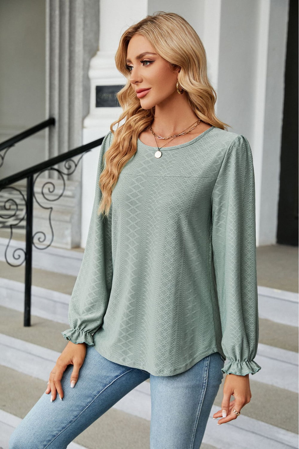 Round Neck Flounce Sleeve Blouse, view 13
