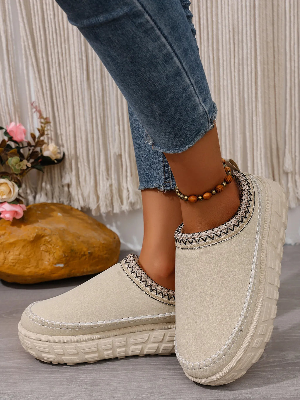 Embroidered Trim Round Toe Platform Boots, view 4