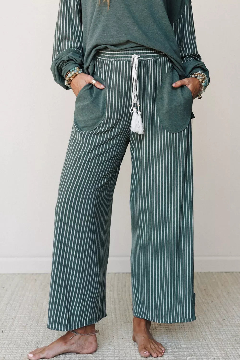 Raw Seam Patchwork Long Sleeve Top Pocket Casual Pants 2pcs Set in French Blue, view 8