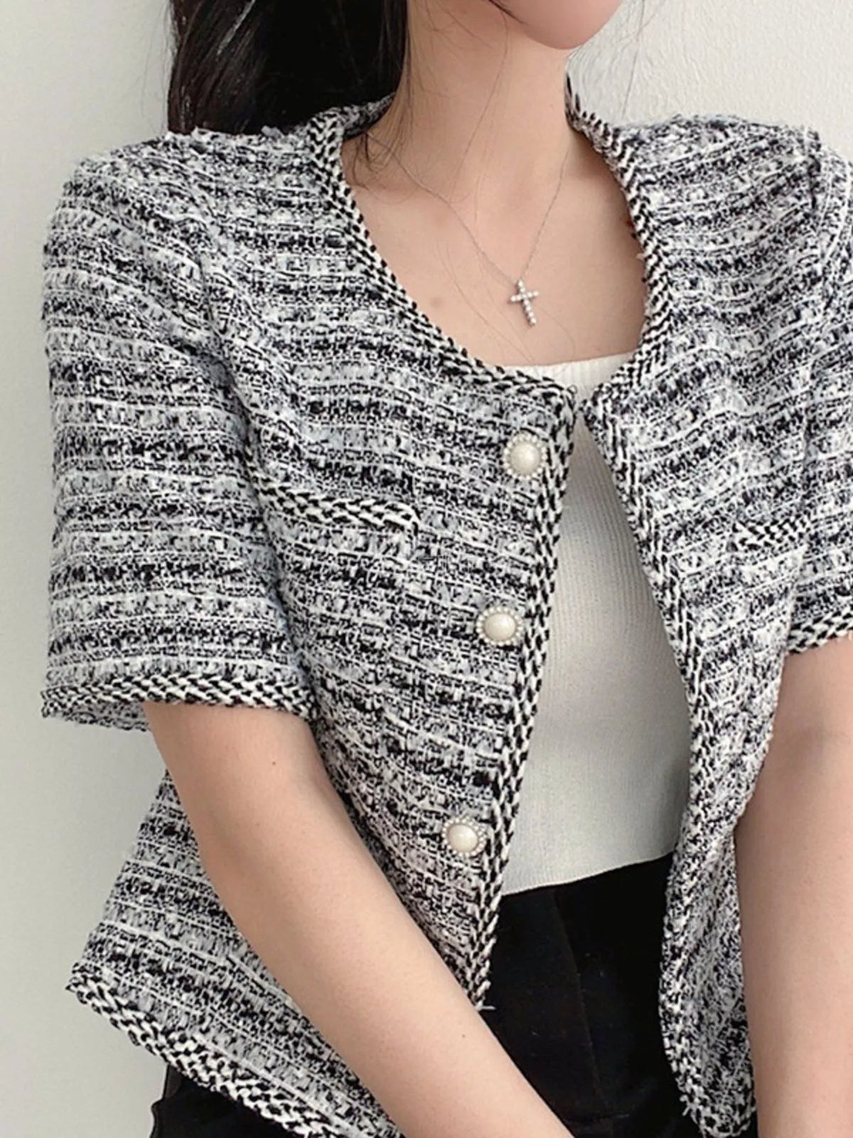Pearl Button Short Sleeve Tweed Outerwear in Black