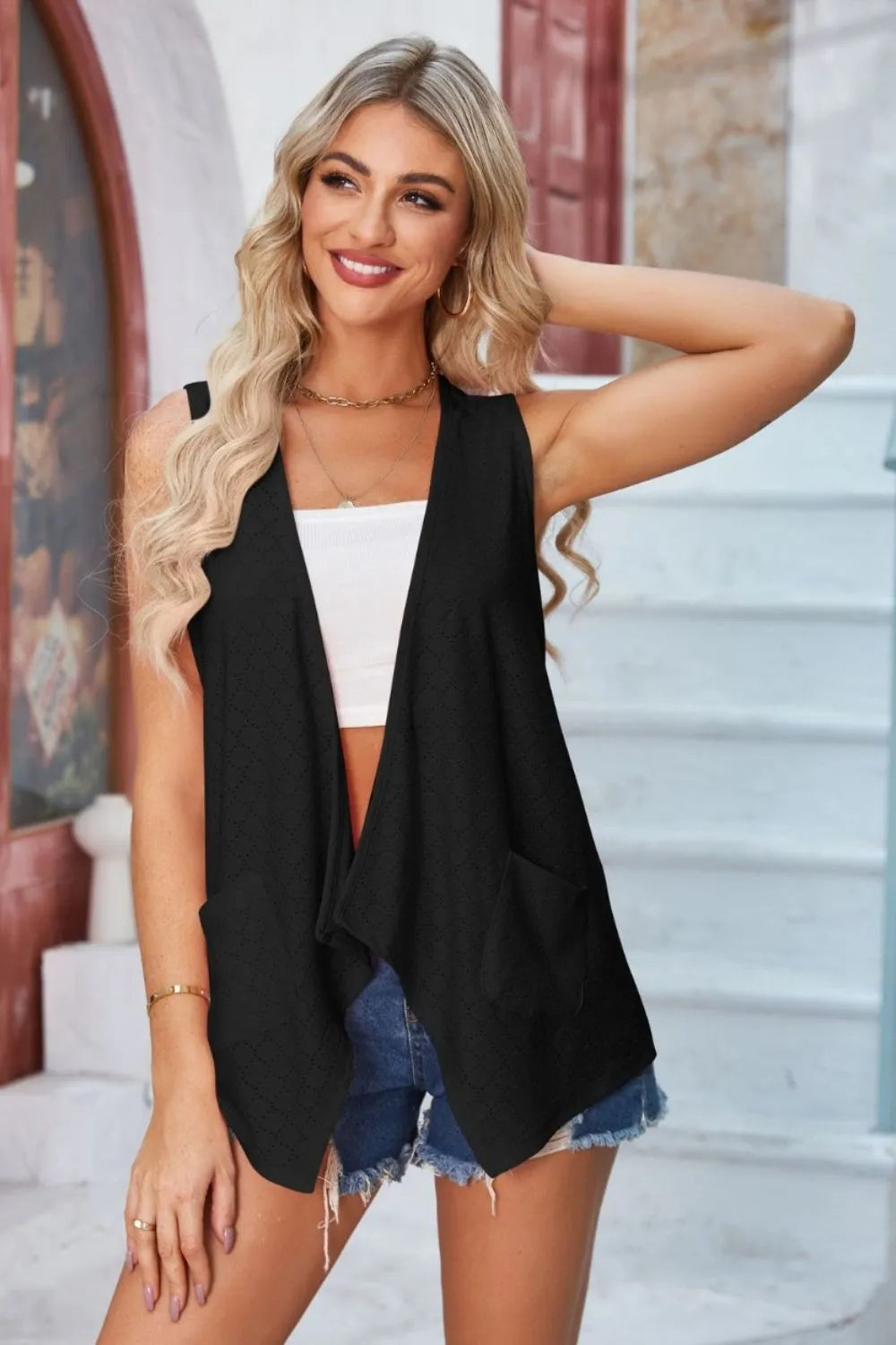 Eyelet Open Front Sleeveless Cardigan - Lilixa.store