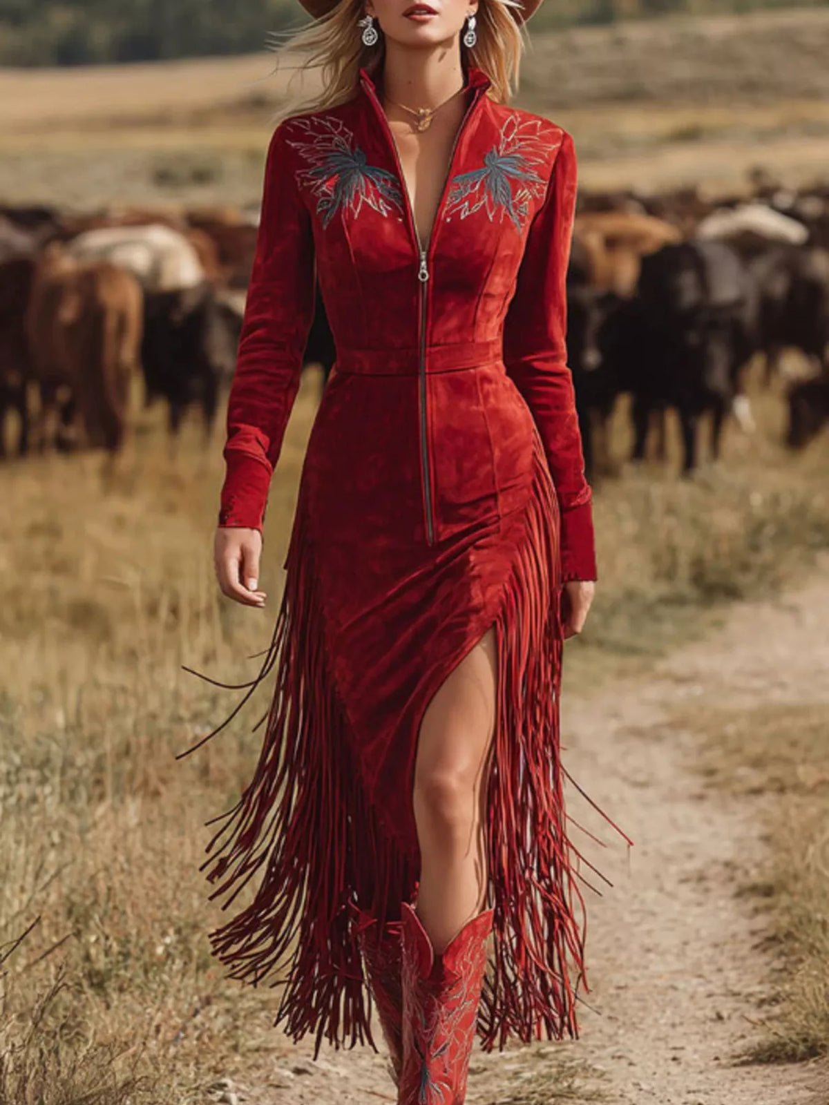 Fringe Zip-Front Midi Dress