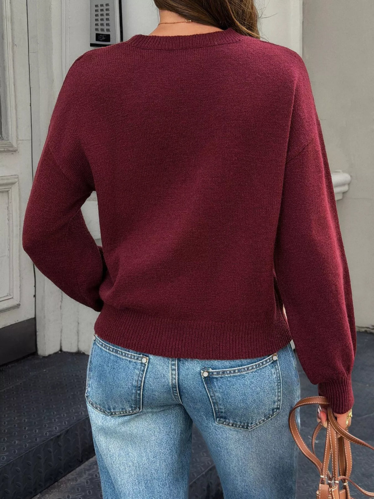 Crew Neck Dropped Shoulder Sweater - Lilixa.store