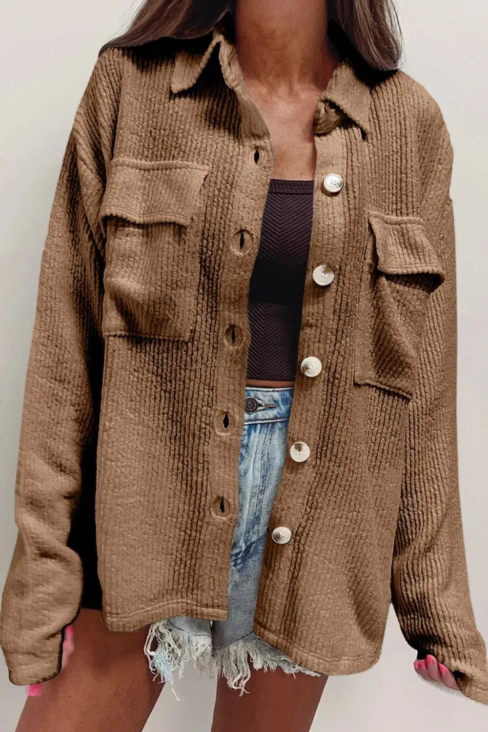 Button Up Long Sleeve Shacket in Camel