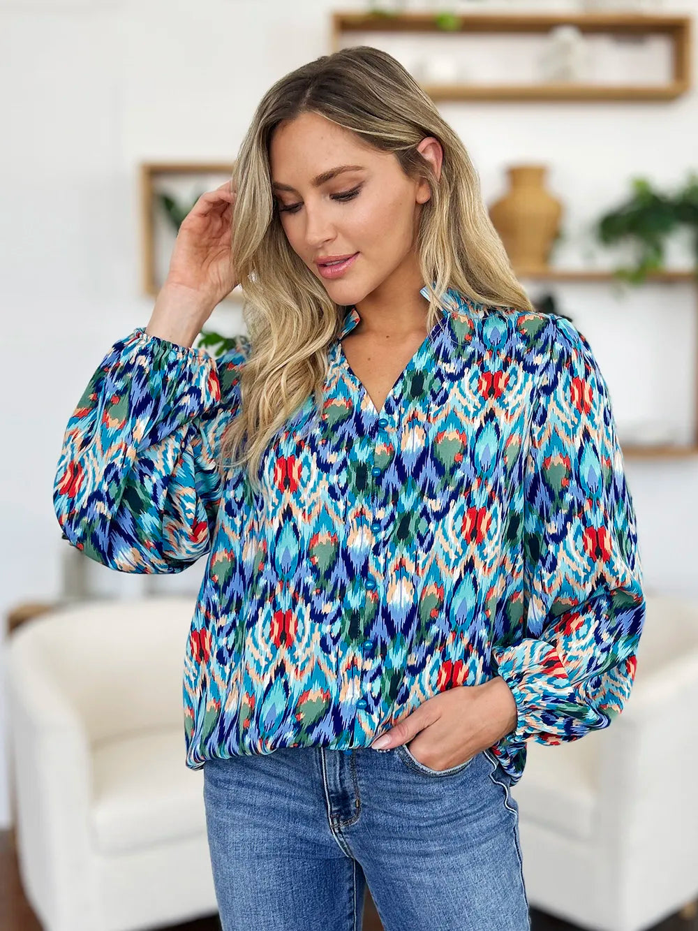 Double Take Full Size Printed Balloon Sleeve Blouse - Lilixa.store