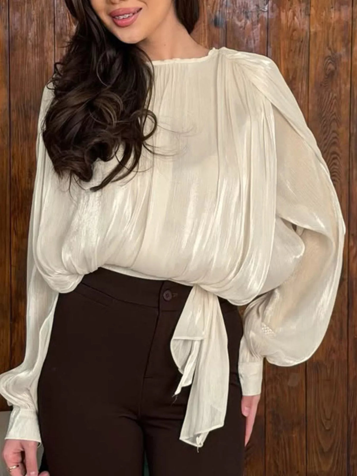 Metallic Sheen Blouse with Tie Detail in Beige, view 2