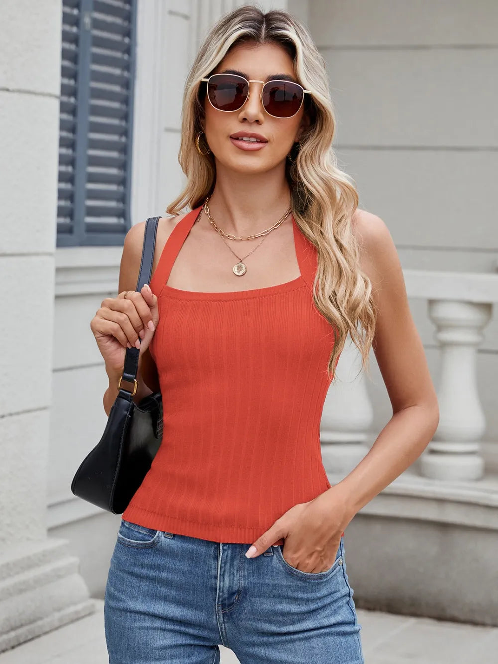 Solid Color Halter Neck Knit Cami in Orange