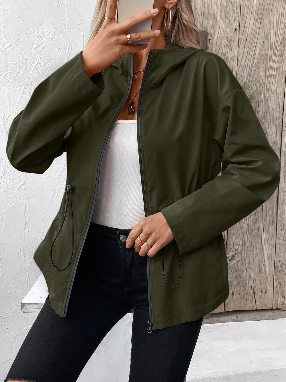 Ivy Lane Drawstring Zip Up Hooded Jacket, view 15