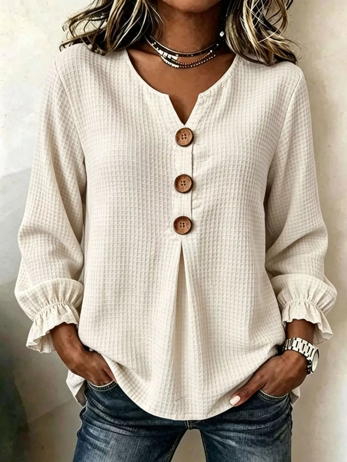 Waffle Knit Flounce Sleeve Top - Lilixa.store