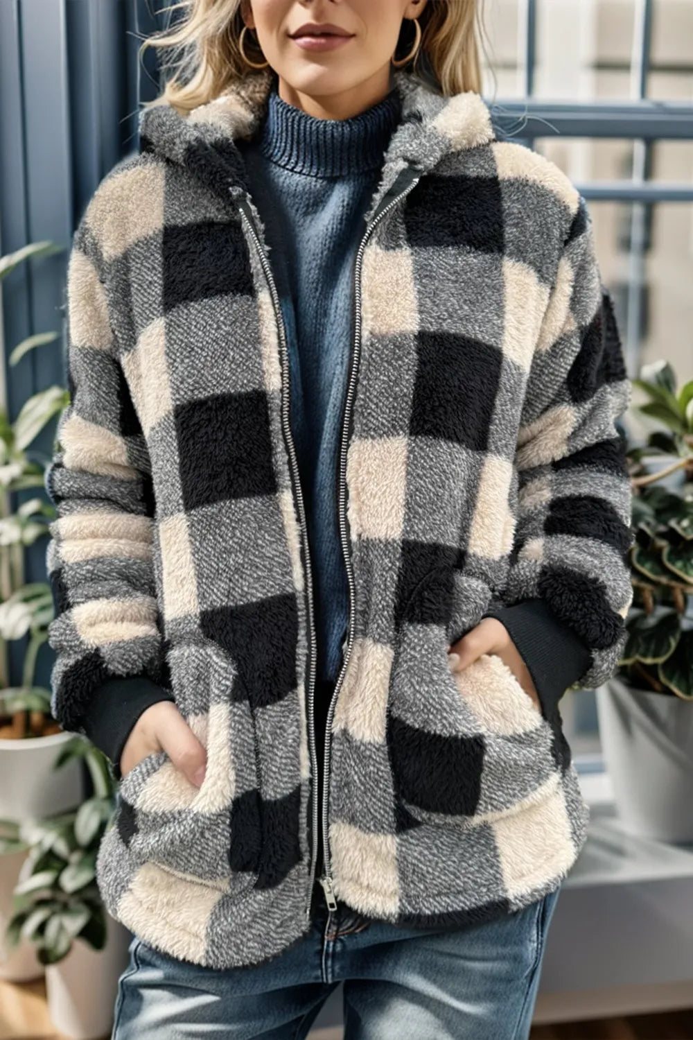 Double Take Full Size Check Fuzzy Sherpa Hooded Zip Up Teddy Winter Coat with Pockets Plus Size - Lilixa.store