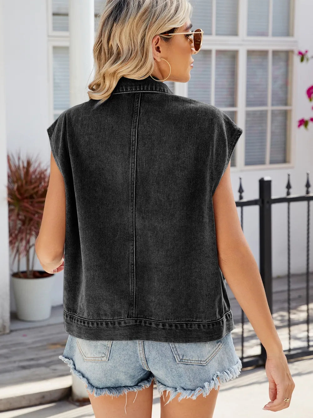Pocketed Button Up Sleeveless Denim Jacket, view 6