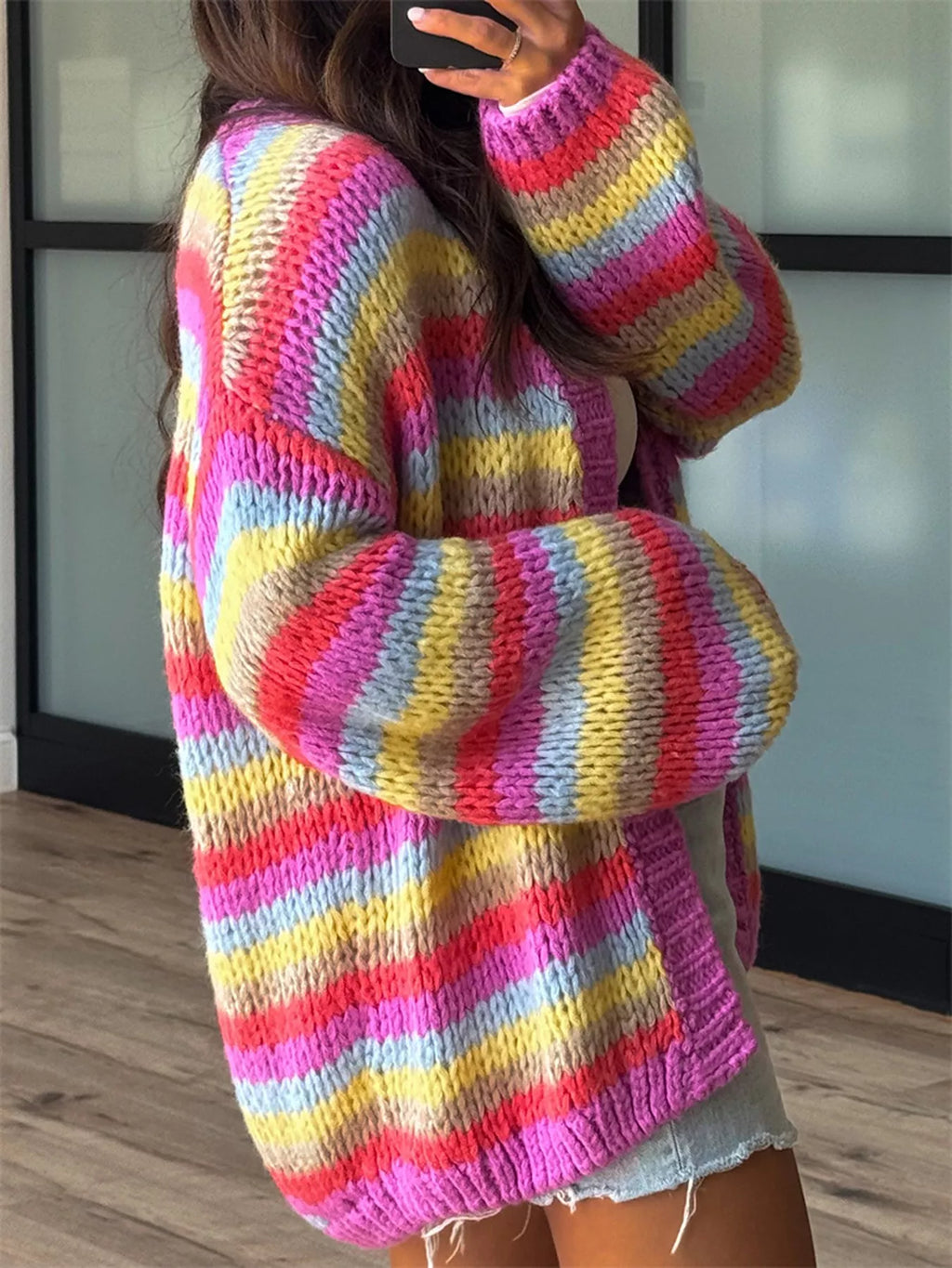 Multi-Color Striped Chunky Knit Open-Front Cardigan - Lilixa.store