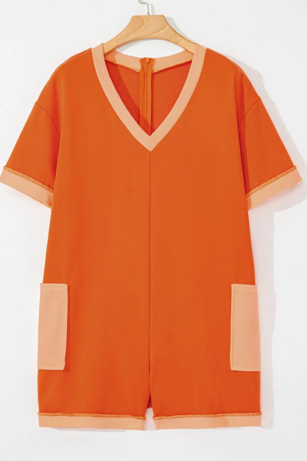 Two-Tone Short Sleeve V Neck Patched Pocket Romper in Orange, view 3