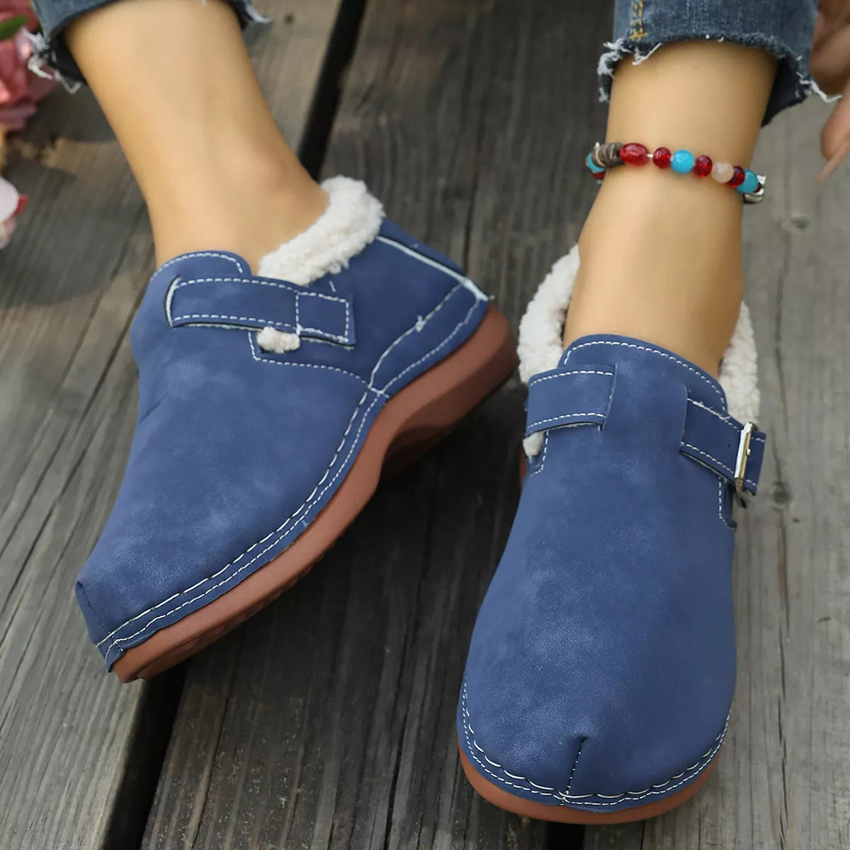 Faux Fur Lined Suede Loafers with Adjustable Buckle Strap in Blue