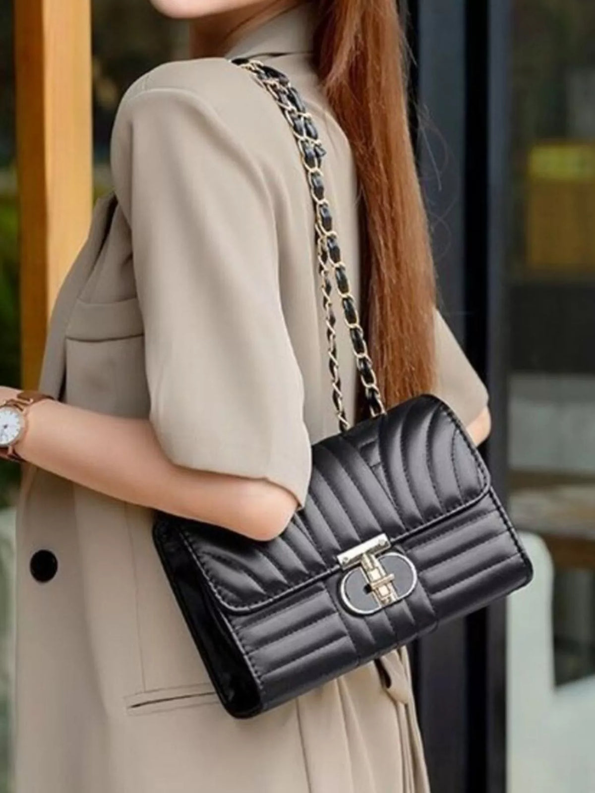 Quilted Chain Shoulder Bag with Metallic Lock in Black, view 5
