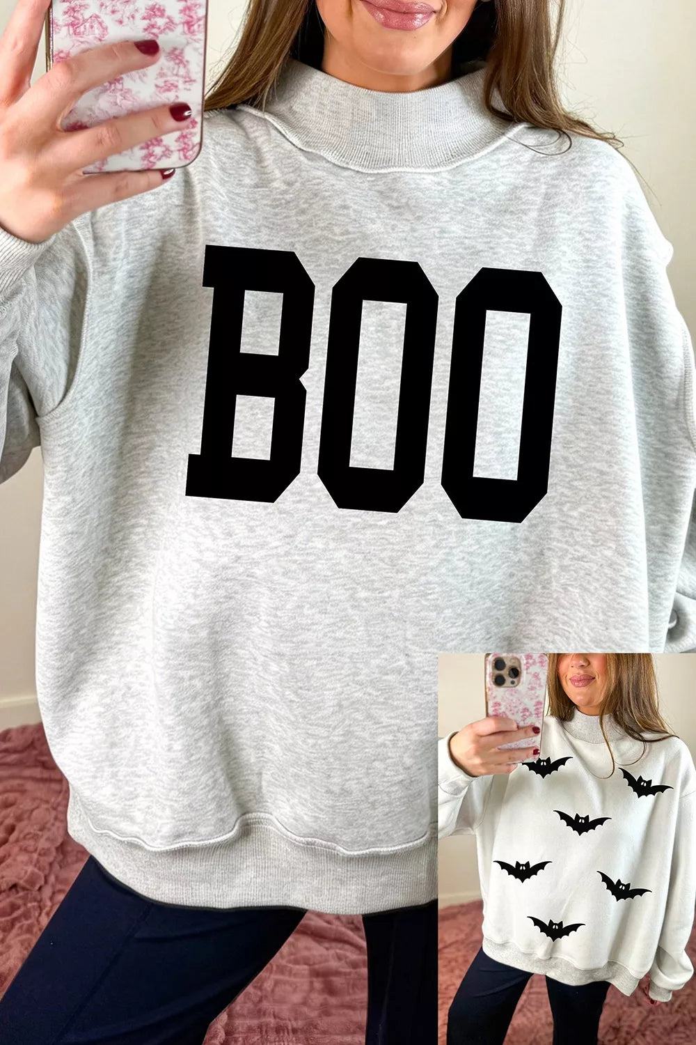 Halloween BOO & Bat Printed Reversible Mock Neck Sweatshirt - Lilixa.store