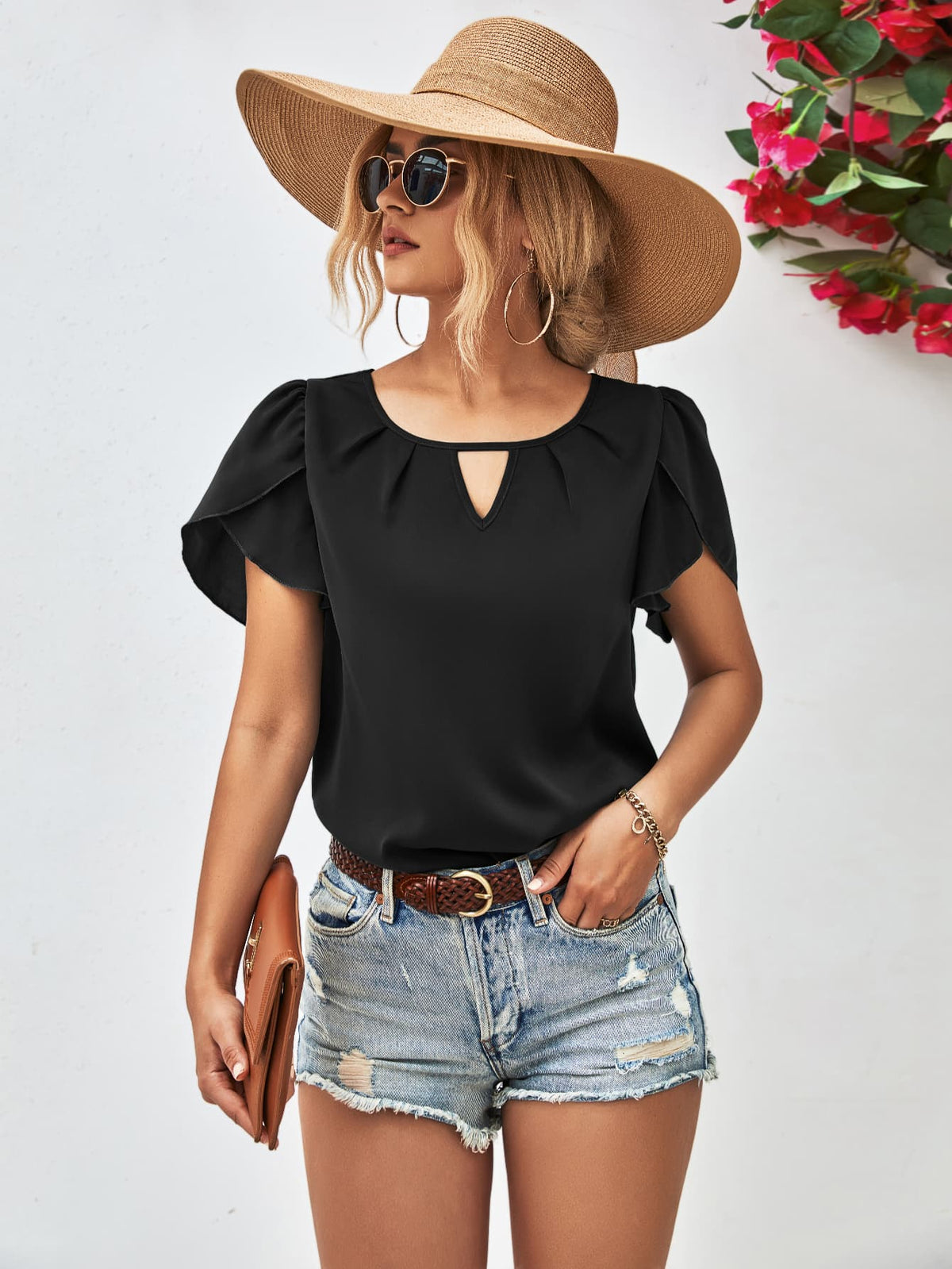 Cutout Round Neck Petal Sleeve Blouse in Black