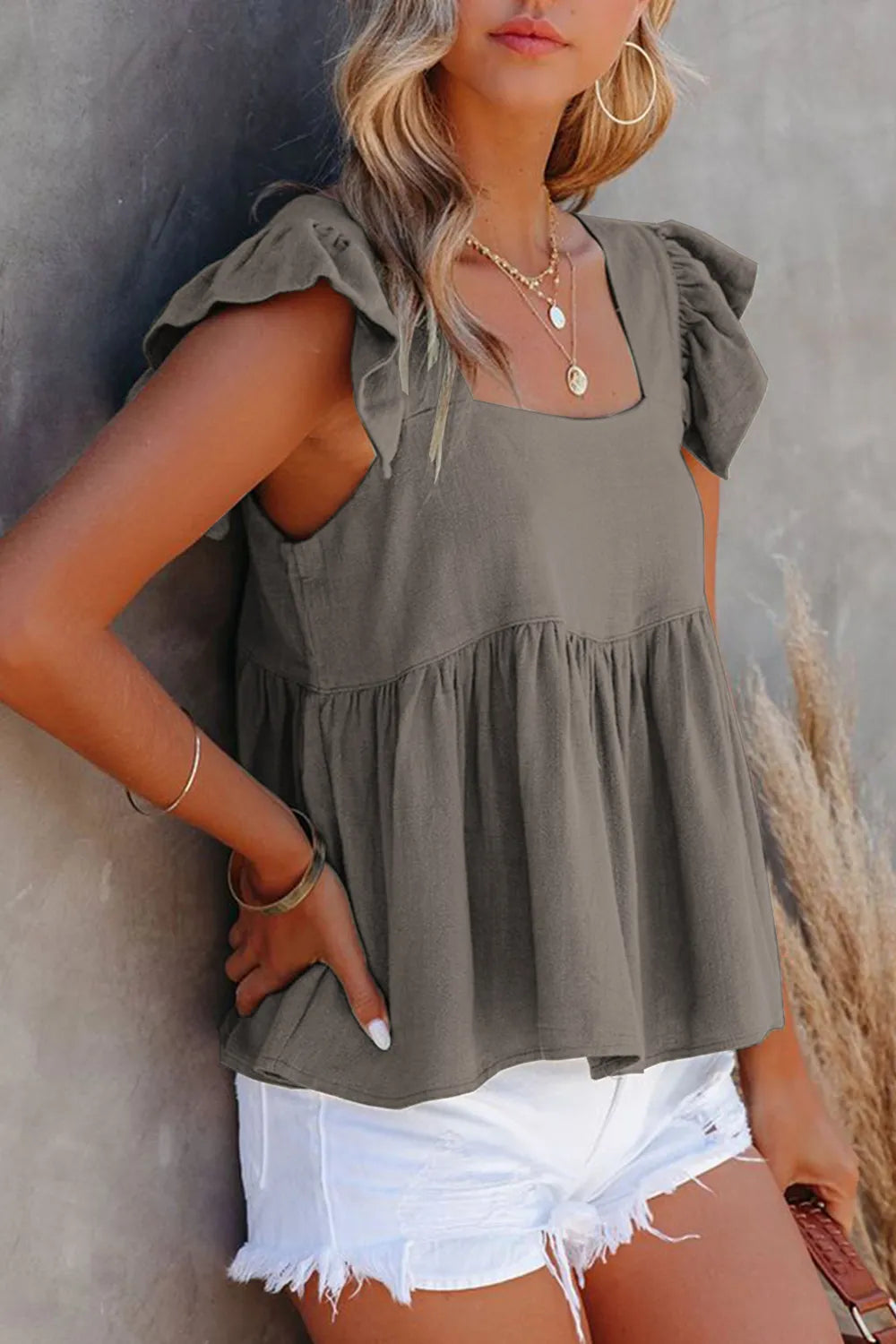Full Size Ruffled Square Neck Cap Sleeve Blouse - Lilixa.store