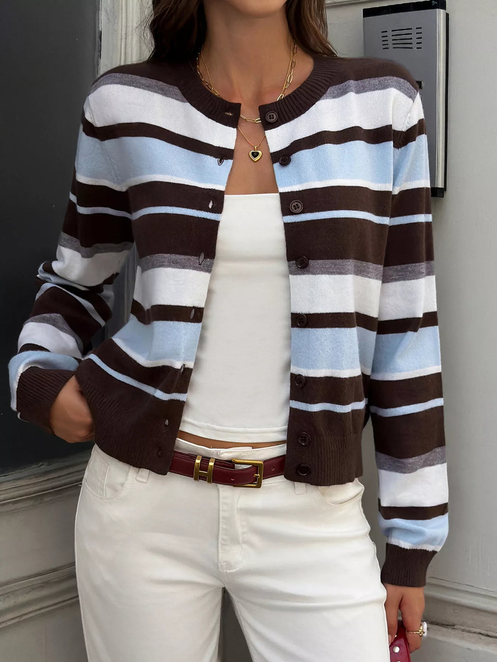 Striped Knit Button-Down Cardigan - Lilixa.store