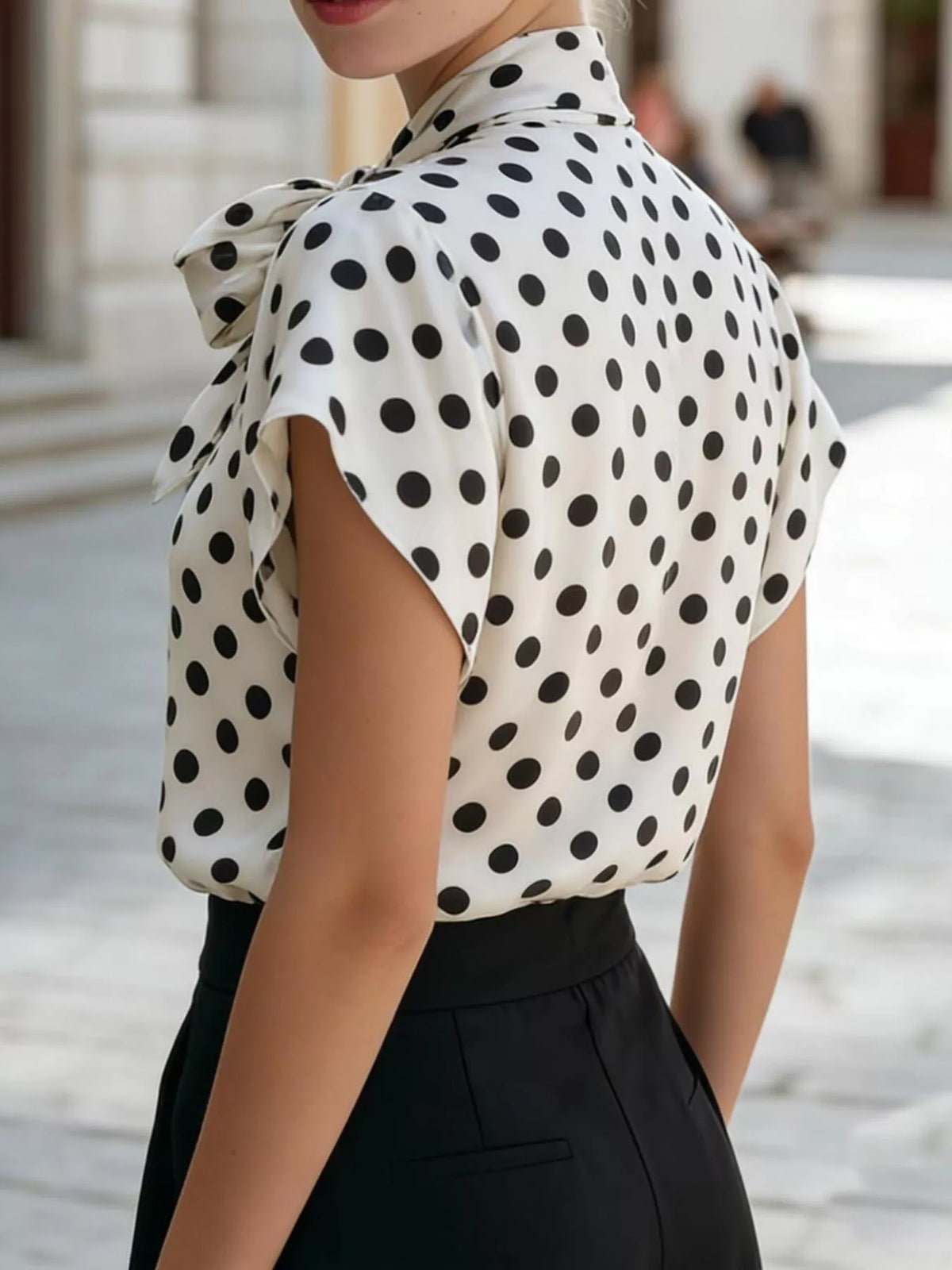 Polka Dot Bow Tie Blouse in White, view 2