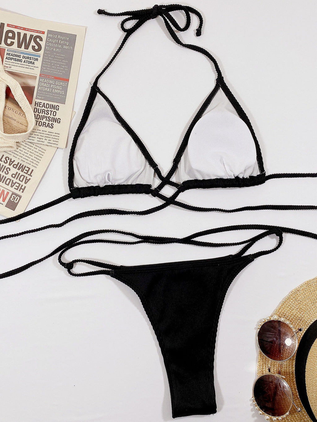 Halter Neck Crisscross Ribbed Bikini Set - Lilixa.store