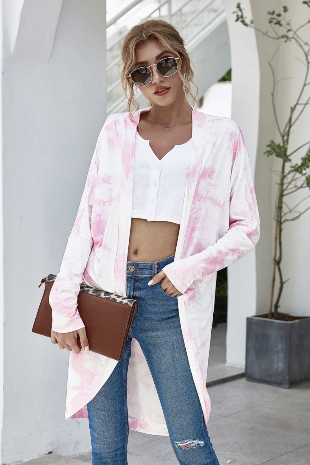 Tie-Dye Open Front Longline Cardigan - Lilixa.store