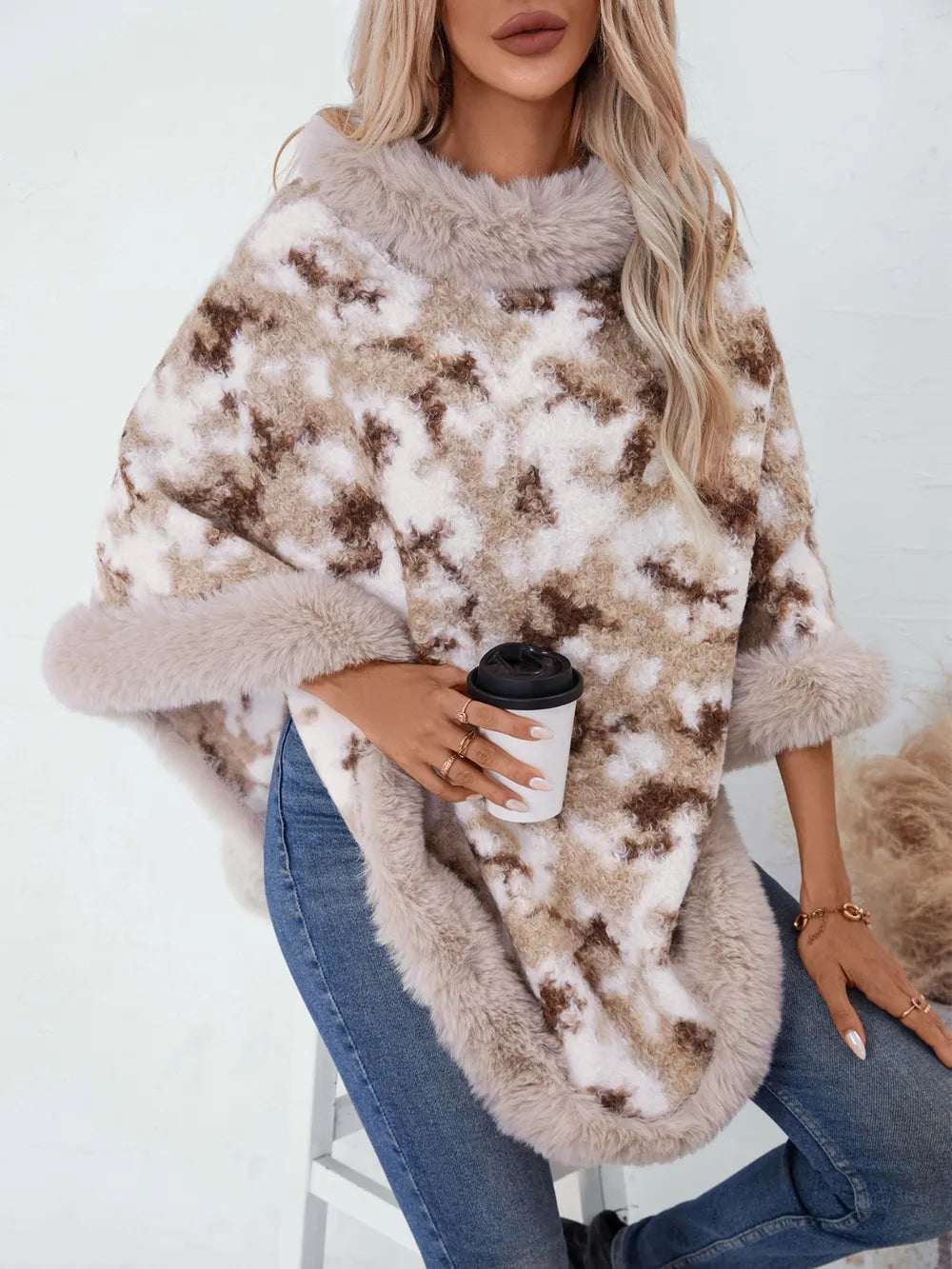 Furry Contrast Three-Quarter Poncho - Lilixa.store