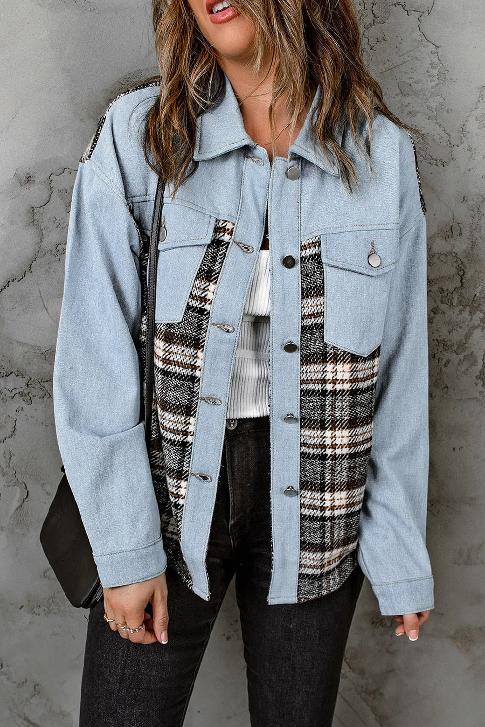 Plaid Pocketed Button Up Denim Jacket - Lilixa.store