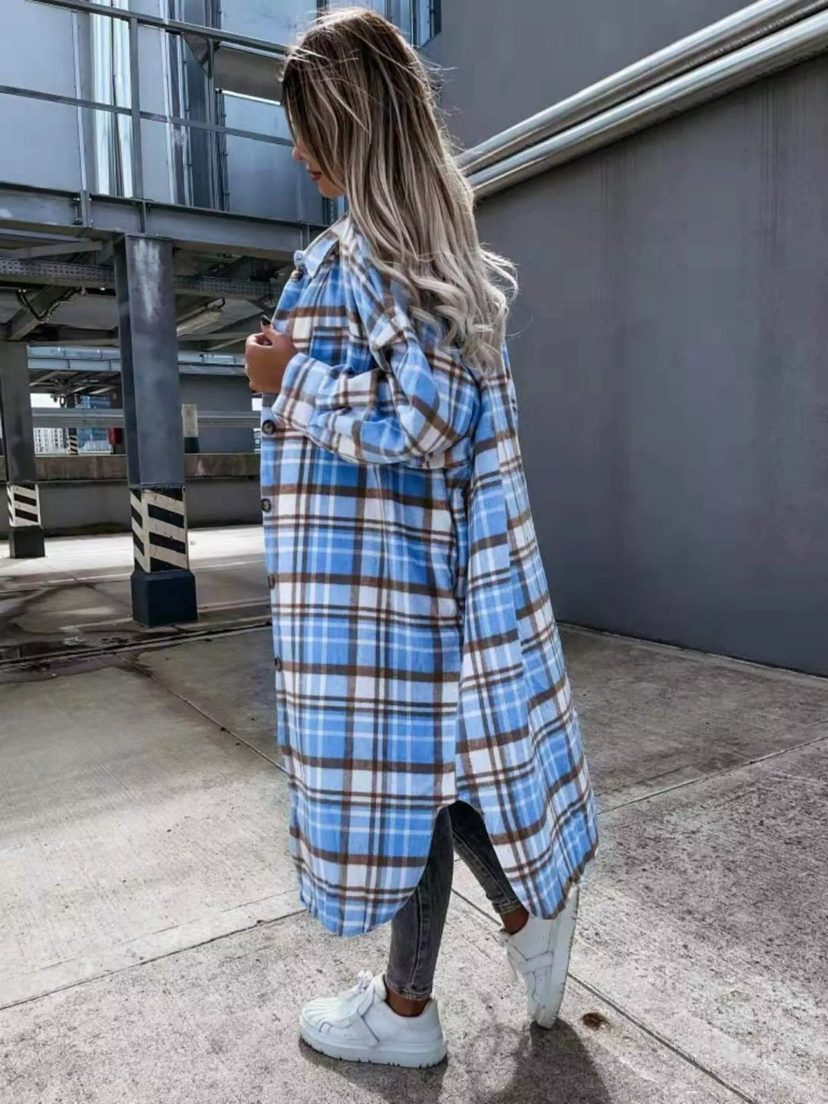 Plaid Button Up Longline Shacket, view 9