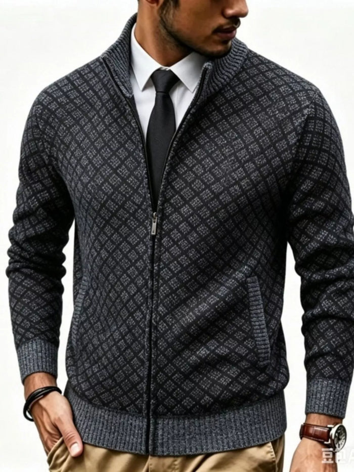 Men's Plus Size Geometric Patterned Full-Zip Cardigan - Lilixa.store
