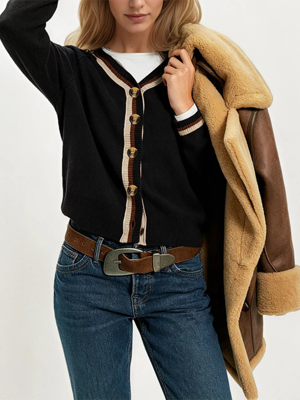 Striped Trim Button-Down Cardigan - Lilixa.store