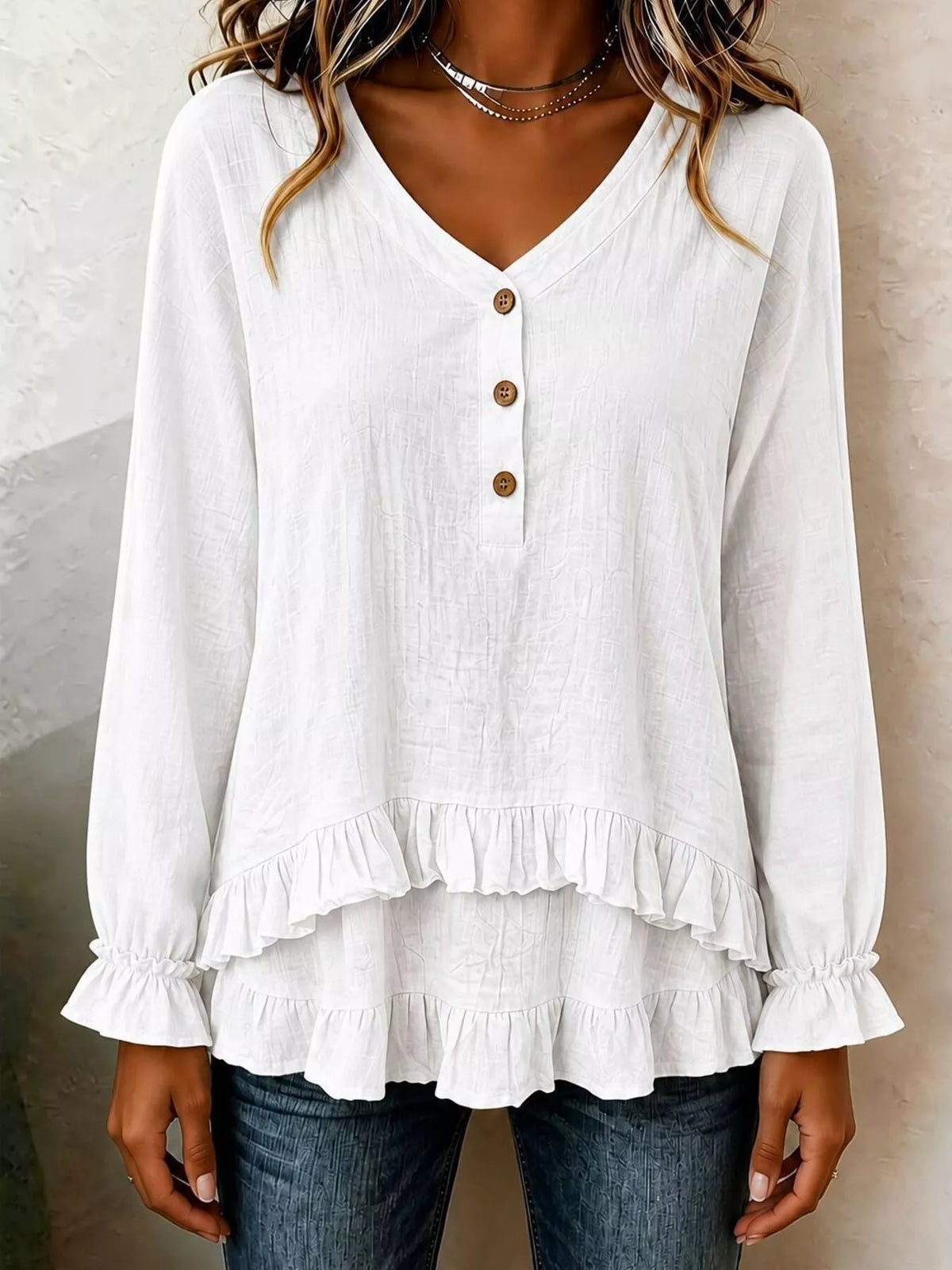 V-Neck Long Sleeve Button Detail Ruffled Hem Blouse - Lilixa.store