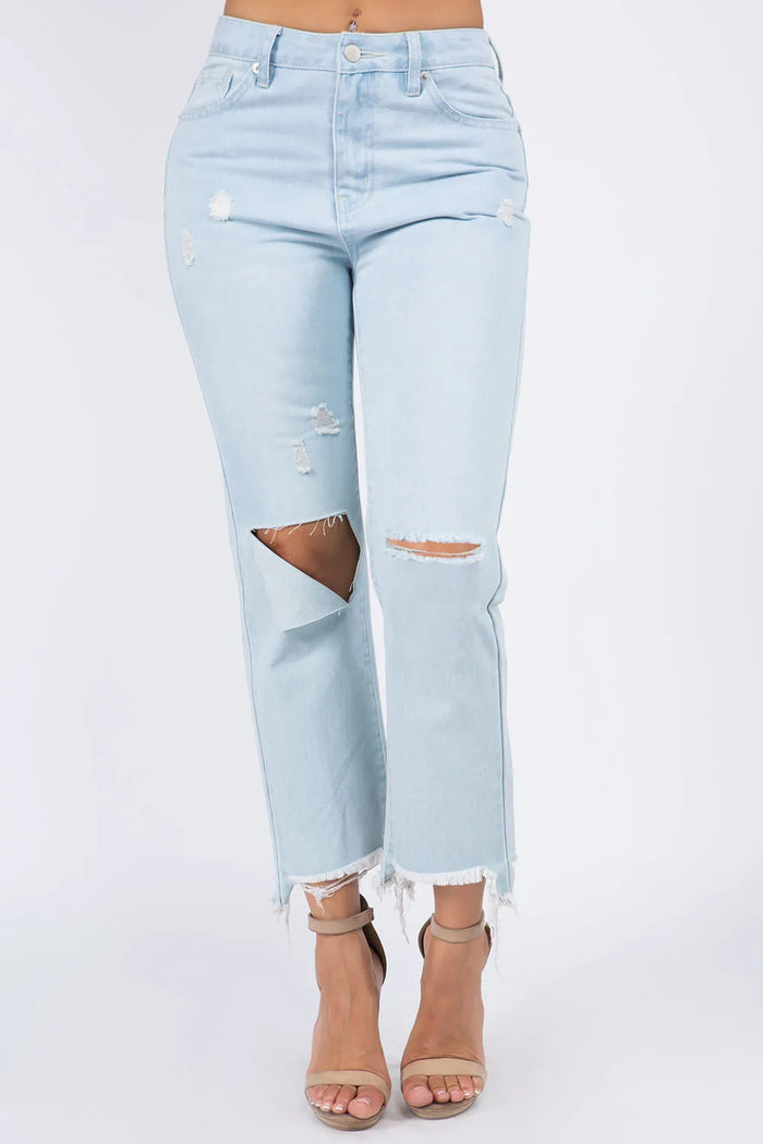 American Bazi High Waist Distressed Raw Hem Jeans - Lilixa.store