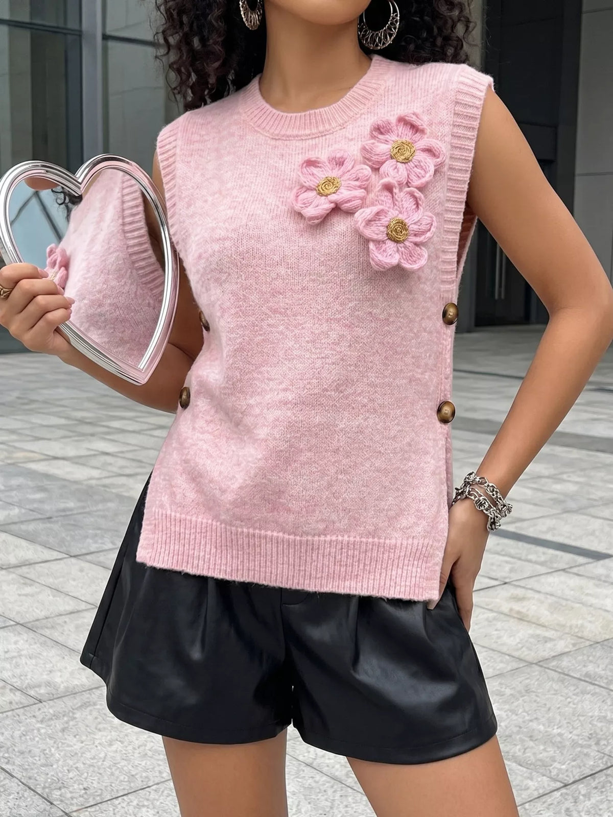 Side Button Sweater Vest with 3D Floral Appliques in Pink